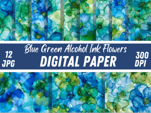 Blue Green Alcohol Ink Flower Patterns
