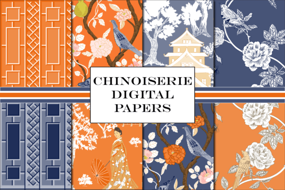 Chinoiserie Patterns Orange and Blue