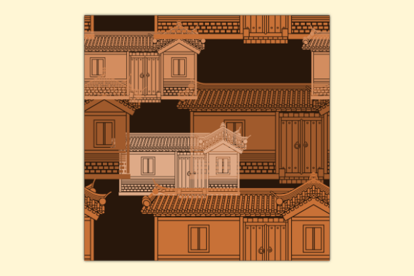 Dark Wide Korean Hanok Seamless Pattern